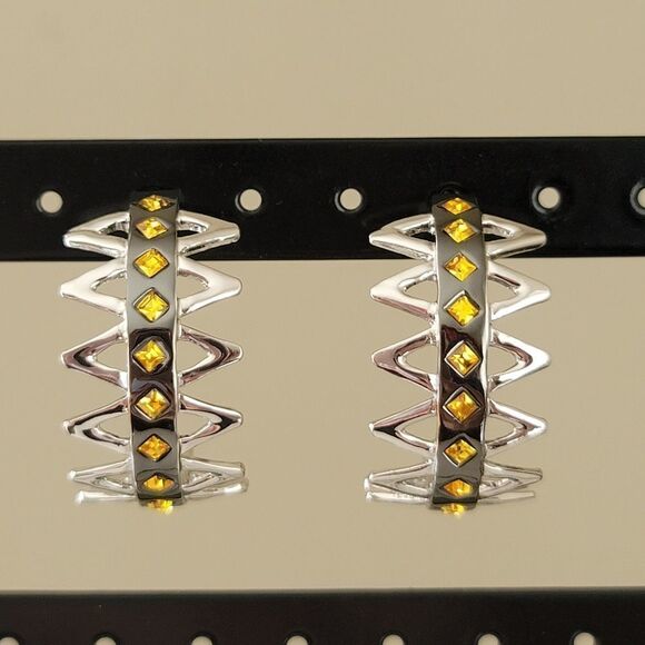 Earrings Butler Silver Tone Yellow Crystal Geometric Earrings #0124 - Picture 2 of 12